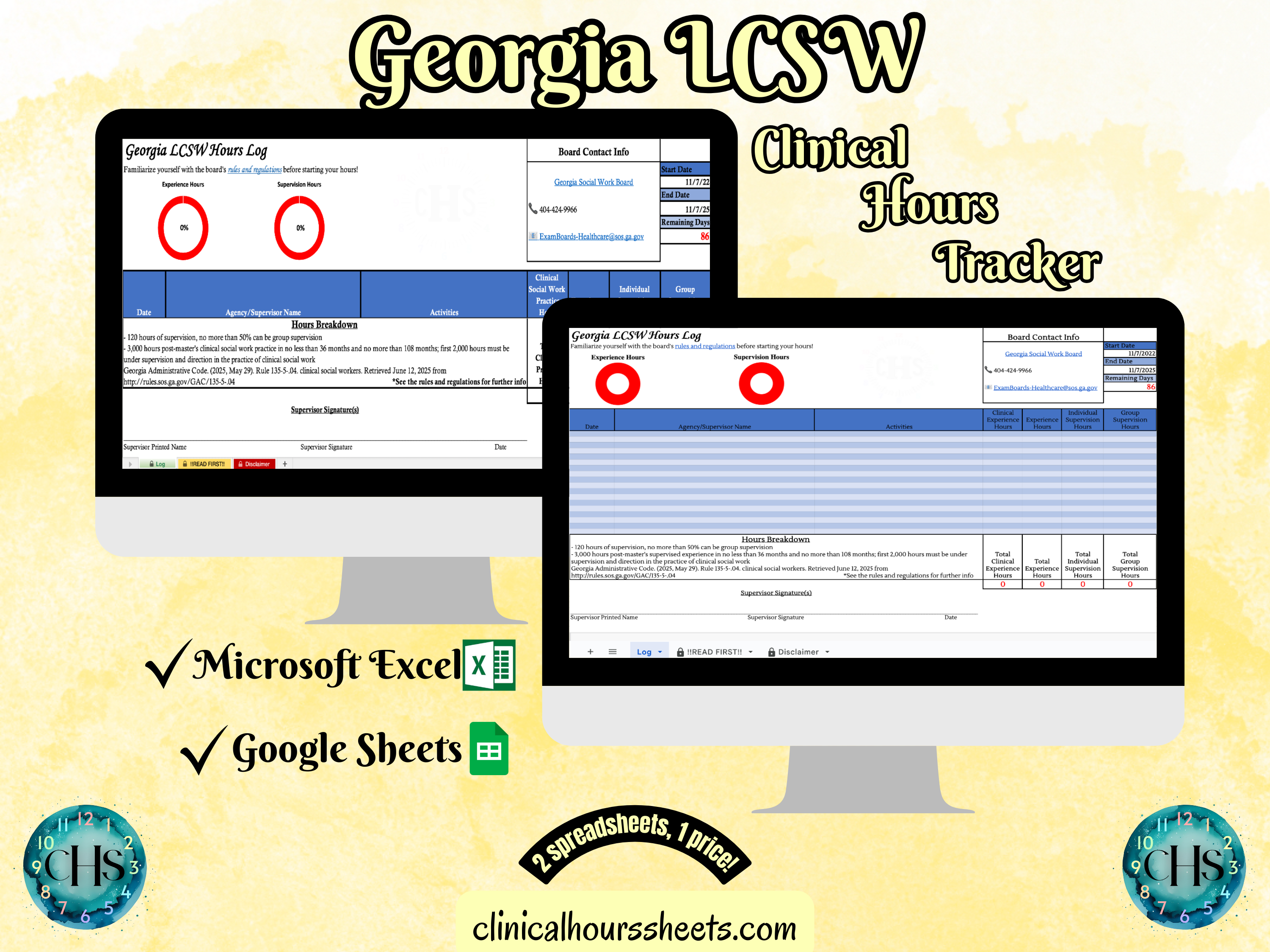 The image is a promotional graphic for a Georgia LCSW Clinical Hours Tracker, which is a software program used to track the hours worked by healthcare professionals. The graphic features a laptop displaying the Georgia LCSW Hours Log, along with a Microsoft Excel and a Google Sheets spreadsheet. The text on the image includes the words "Georgia LCSW", "Clinical Hours Tracker", "Microsoft Excel" and "Google Sheets" to describe the software and its purpose.