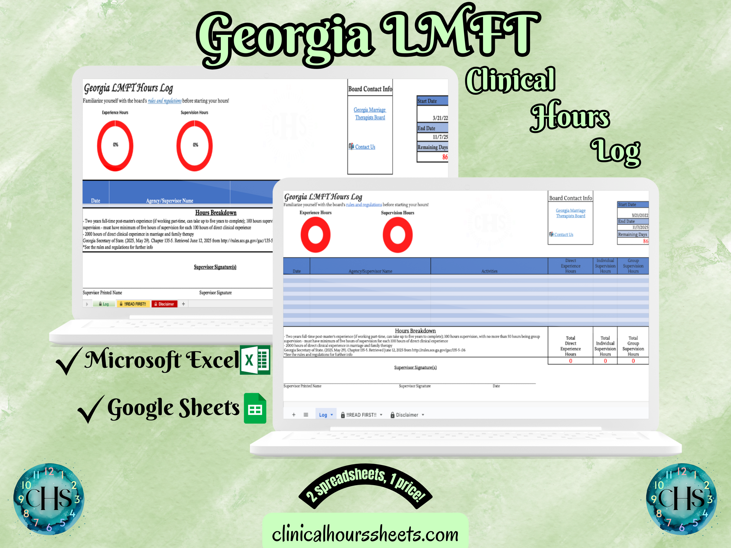 The image is a promotional graphic for a Georgia LMFT Clinical Hours Log, which is a software program used to track the hours worked by healthcare professionals. The graphic features a laptop displaying the Georgia LMFT Hours Log, along with a Microsoft Excel and a Google Sheets spreadsheet. The text on the image includes the words "Georgia LMFT", "Clinical Hours Log", "Microsoft Excel" and "Google Sheets" to describe the software and its purpose.