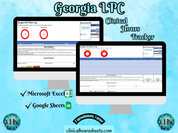 The image is a promotional graphic for a Georgia LPC Clinical Hours Tracker, which is a software program used to track the hours worked by healthcare professionals. The graphic features a laptop displaying the Georgia LPC Hours Log, along with a Microsoft Excel and a Google Sheets spreadsheet. The text on the image includes the words "Georgia LPC", "Clinical Hours Tracker", "Microsoft Excel" and "Google Sheets" to describe the software and its purpose.