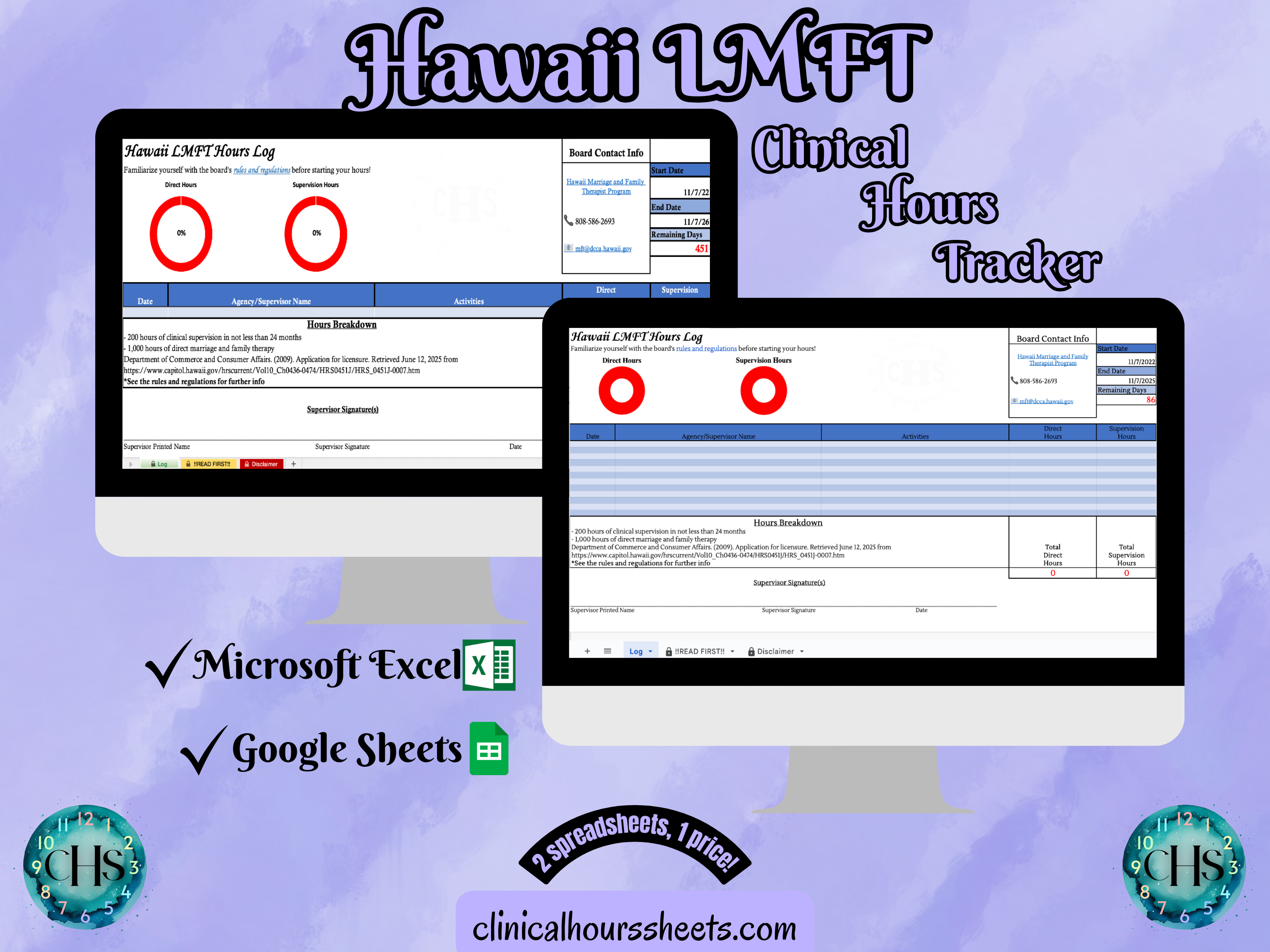 The image is a promotional graphic for a Hawaii LMFT Clinical Hours Tracker, which is a software program used to track the hours worked by healthcare professionals. The graphic features a laptop displaying the Hawaii LMFT Hours Log, along with a Microsoft Excel and a Google Sheets spreadsheet. The text on the image includes the words "Hawaii LMFT", "Clinical Hours Tracker", "Microsoft Excel" and "Google Sheets" to describe the software and its purpose.
