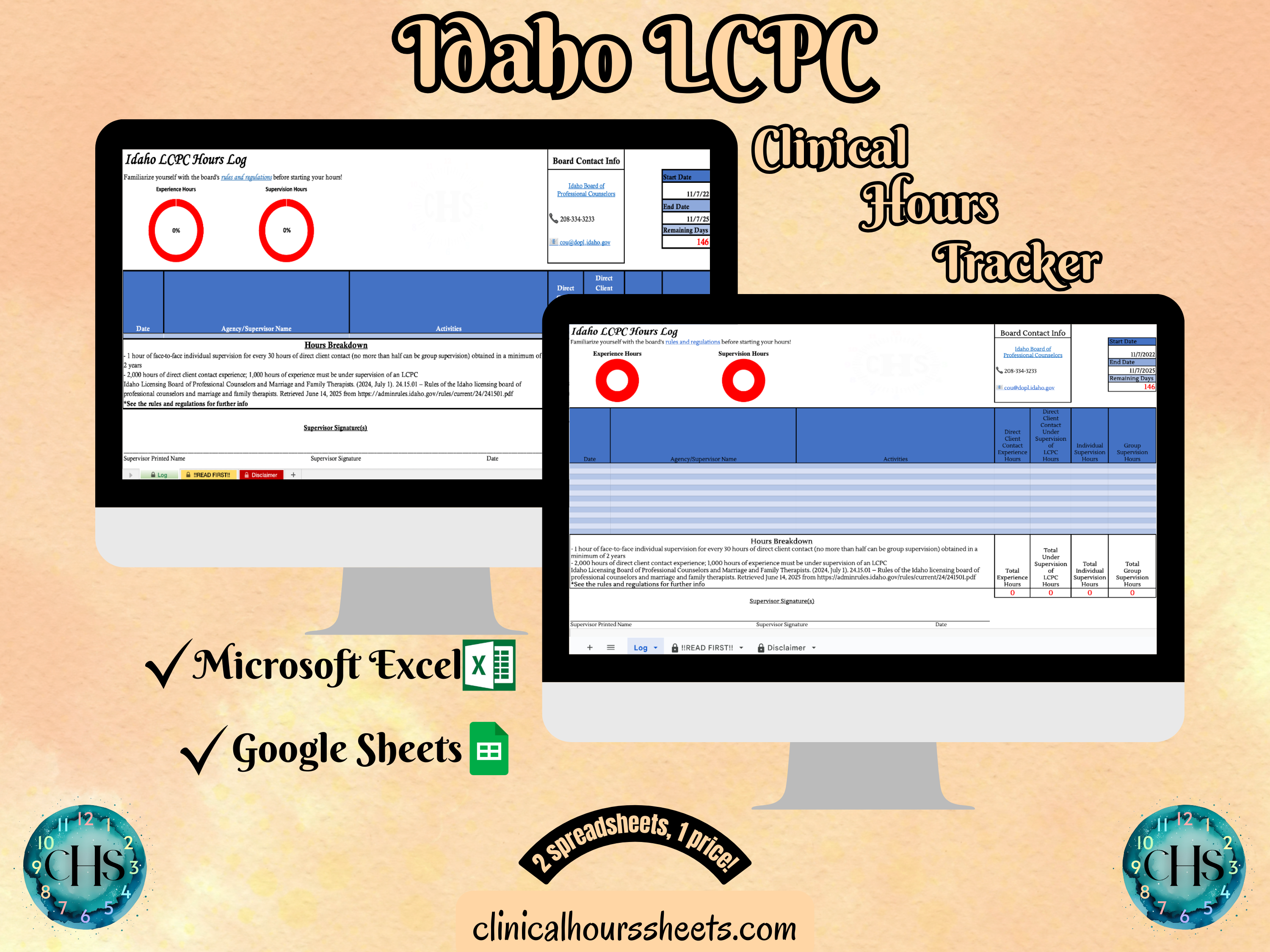 The image is a promotional graphic for a Idaho LCPC Clinical Hours Tracker, which is a software program used to track the hours worked by healthcare professionals. The graphic features a laptop displaying the Idaho LCPC Hours Log, along with a Microsoft Excel and a Google Sheets spreadsheet. The text on the image includes the words "Idaho LCPC", "Clinical Hours Tracker", "Microsoft Excel" and "Google Sheets" to describe the software and its purpose.
