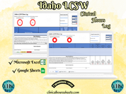 The image is a promotional graphic for a Idaho LCSW Clinical Hours Log, which is a software program used to track the hours worked by healthcare professionals. The graphic features a laptop displaying the Idaho LCSW Hours Log, along with a Microsoft Excel and a Google Sheets spreadsheet. The text on the image includes the words "Idaho LCSW", "Clinical Hours Log", "Microsoft Excel" and "Google Sheets" to describe the software and its purpose.