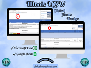 The image is a promotional graphic for a Illinois LCSW Clinical Hours Tracker, which is a software program used to track the hours worked by healthcare professionals. The graphic features a laptop displaying the Illinois LCSW Hours Log, along with a Microsoft Excel and a Google Sheets spreadsheet. The text on the image includes the words "Illinois LCSW", "Clinical Hours Tracker", "Microsoft Excel" and "Google Sheets" to describe the software and its purpose.