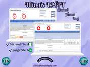 The image is a promotional graphic for a Illinois LMFT Clinical Hours Log, which is a software program used to track the hours worked by healthcare professionals. The graphic features a laptop displaying the Illinois LMFT Hours Log, along with a Microsoft Excel and a Google Sheets spreadsheet. The text on the image includes the words "Illinois LMFT", "Clinical Hours Log", "Microsoft Excel" and "Google Sheets" to describe the software and its purpose.