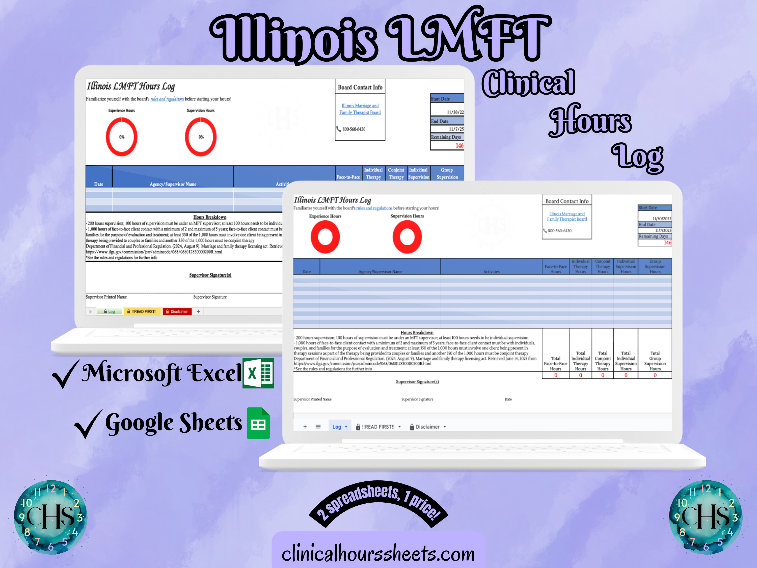 The image is a promotional graphic for a Illinois LMFT Clinical Hours Log, which is a software program used to track the hours worked by healthcare professionals. The graphic features a laptop displaying the Illinois LMFT Hours Log, along with a Microsoft Excel and a Google Sheets spreadsheet. The text on the image includes the words "Illinois LMFT", "Clinical Hours Log", "Microsoft Excel" and "Google Sheets" to describe the software and its purpose.