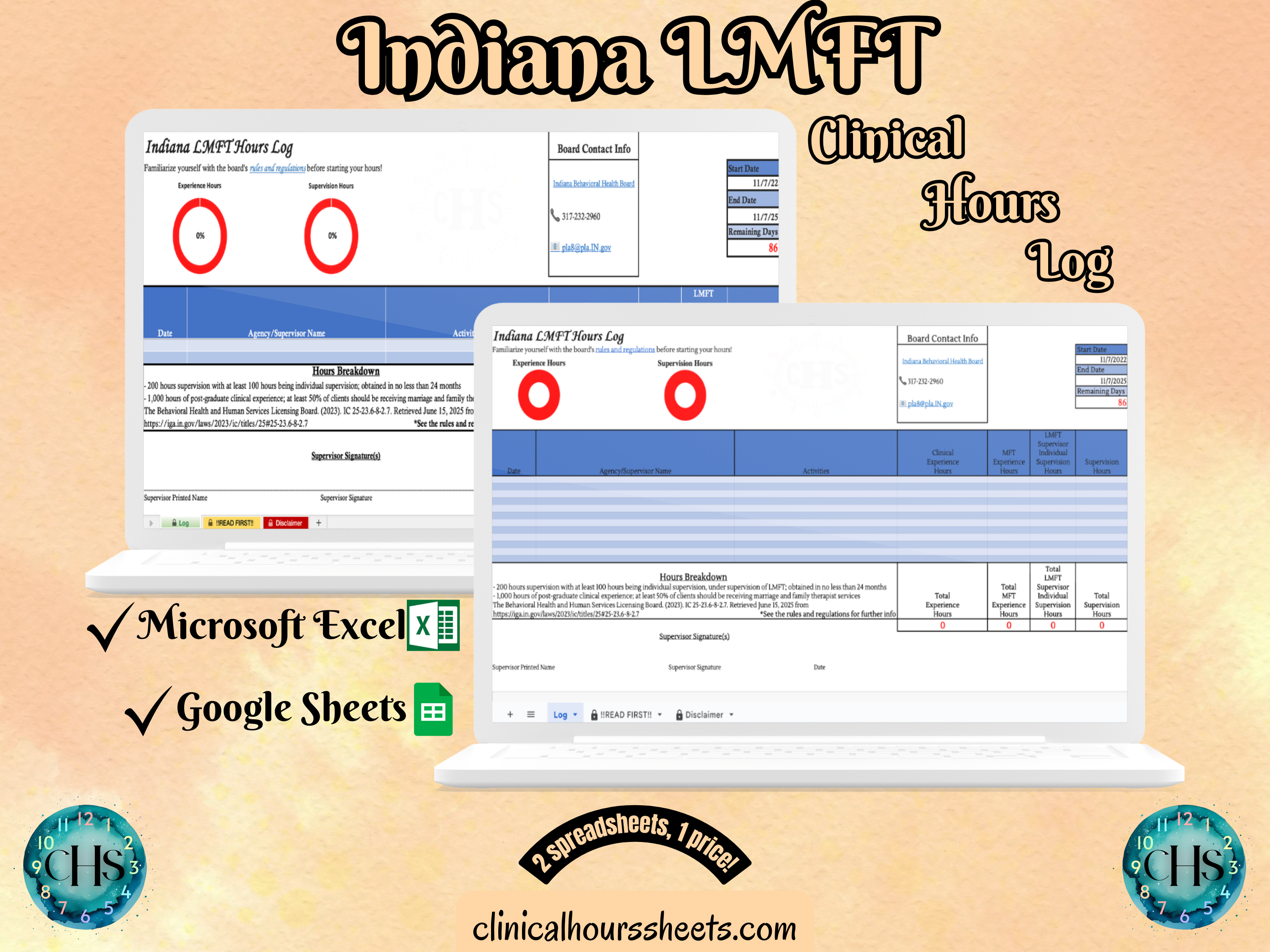 The image is a promotional graphic for a Indiana LMFT Clinical Hours Log, which is a software program used to track the hours worked by healthcare professionals. The graphic features a laptop displaying the Indiana LMFT Hours Log, along with a Microsoft Excel and a Google Sheets spreadsheet. The text on the image includes the words "Indiana LMFT", "Clinical Hours Log", "Microsoft Excel" and "Google Sheets" to describe the software and its purpose.