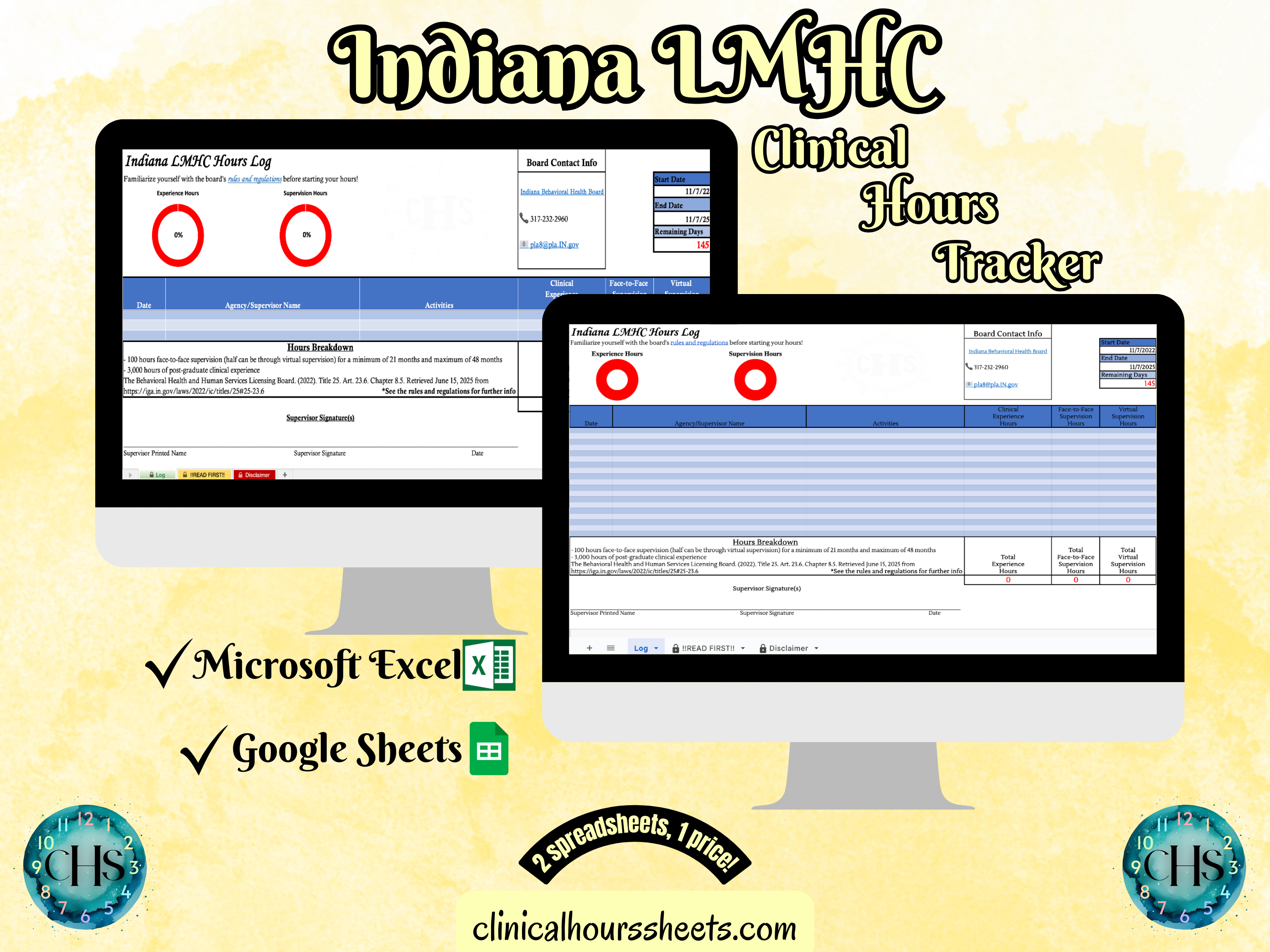 The image is a promotional graphic for a Indiana LMHC Clinical Hours Tracker, which is a software program used to track the hours worked by healthcare professionals. The graphic features a laptop displaying the Indiana LMHC Hours Log, along with a Microsoft Excel and a Google Sheets spreadsheet. The text on the image includes the words "Indiana LMHC", "Clinical Hours Tracker", "Microsoft Excel" and "Google Sheets" to describe the software and its purpose.