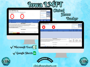 The image is a promotional graphic for a Iowa LMFT Clinical Hours Tracker, which is a software program used to track the hours worked by healthcare professionals. The graphic features a laptop displaying the Iowa LMFT Hours Log, along with a Microsoft Excel and a Google Sheets spreadsheet. The text on the image includes the words "Iowa LMFT", "Clinical Hours Tracker", "Microsoft Excel" and "Google Sheets" to describe the software and its purpose.