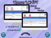 The image is a promotional graphic for a Kansas LCMFT Clinical Hours Tracker, which is a software program used to track the hours worked by healthcare professionals. The graphic features a laptop displaying the Kansas LCMFT Hours Log, along with a Microsoft Excel and a Google Sheets spreadsheet. The text on the image includes the words "Kansas LCMFT", "Clinical Hours Tracker", "Microsoft Excel" and "Google Sheets" to describe the software and its purpose.