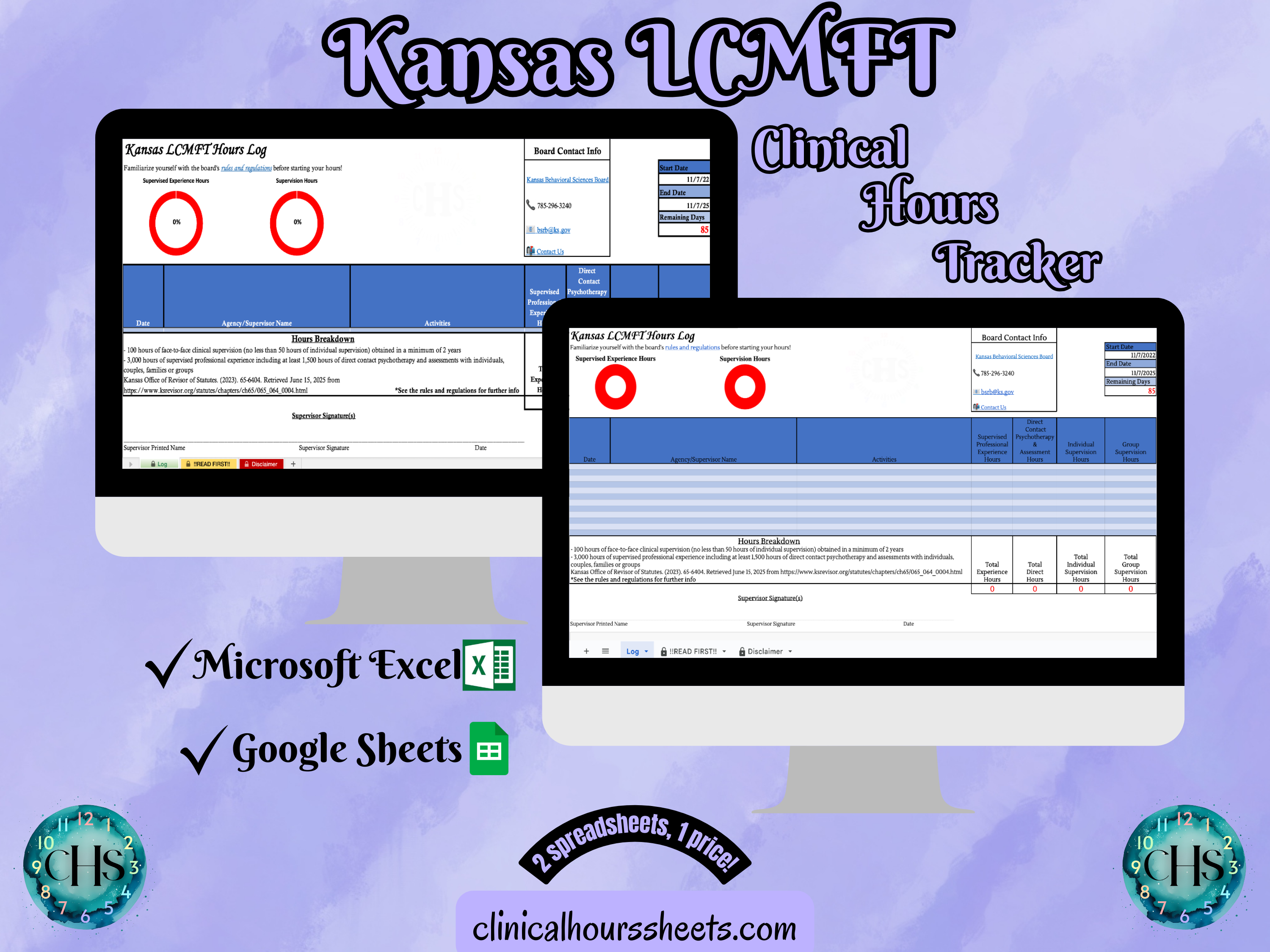 The image is a promotional graphic for a Kansas LCMFT Clinical Hours Tracker, which is a software program used to track the hours worked by healthcare professionals. The graphic features a laptop displaying the Kansas LCMFT Hours Log, along with a Microsoft Excel and a Google Sheets spreadsheet. The text on the image includes the words "Kansas LCMFT", "Clinical Hours Tracker", "Microsoft Excel" and "Google Sheets" to describe the software and its purpose.