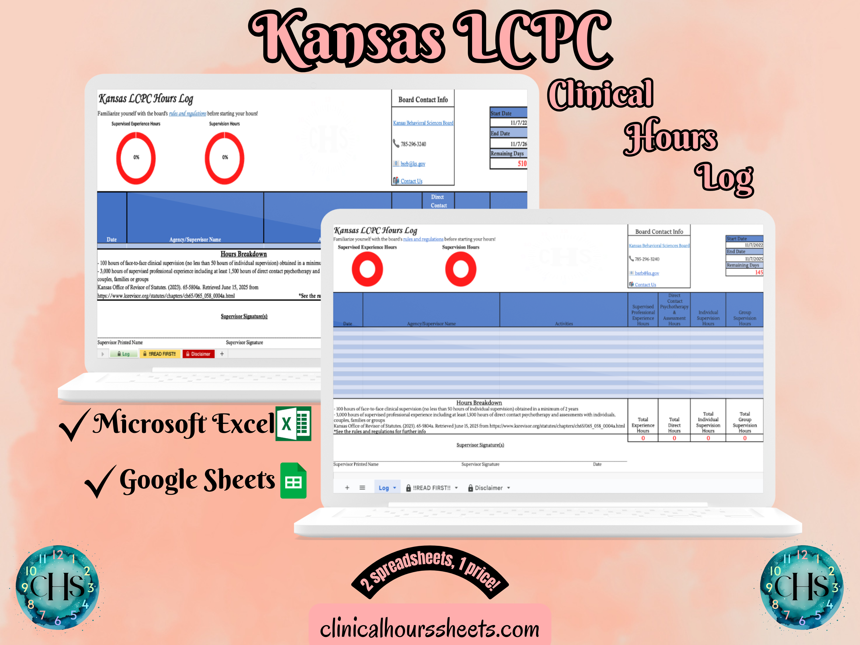 The image is a promotional graphic for a Kansas LCPC Clinical Hours Log, which is a software program used to track the hours worked by healthcare professionals. The graphic features a laptop displaying the Kansas LCPC Hours Log, along with a Microsoft Excel and a Google Sheets spreadsheet. The text on the image includes the words "Kansas LCPC", "Clinical Hours Log", "Microsoft Excel" and "Google Sheets" to describe the software and its purpose.