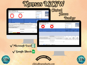 The image is a promotional graphic for a Kansas LSCSW Clinical Hours Tracker, which is a software program used to track the hours worked by healthcare professionals. The graphic features a laptop displaying the Kansas LSCSW Hours Log, along with a Microsoft Excel and a Google Sheets spreadsheet. The text on the image includes the words "Kansas LSCSW", "Clinical Hours Tracker", "Microsoft Excel" and "Google Sheets" to describe the software and its purpose.