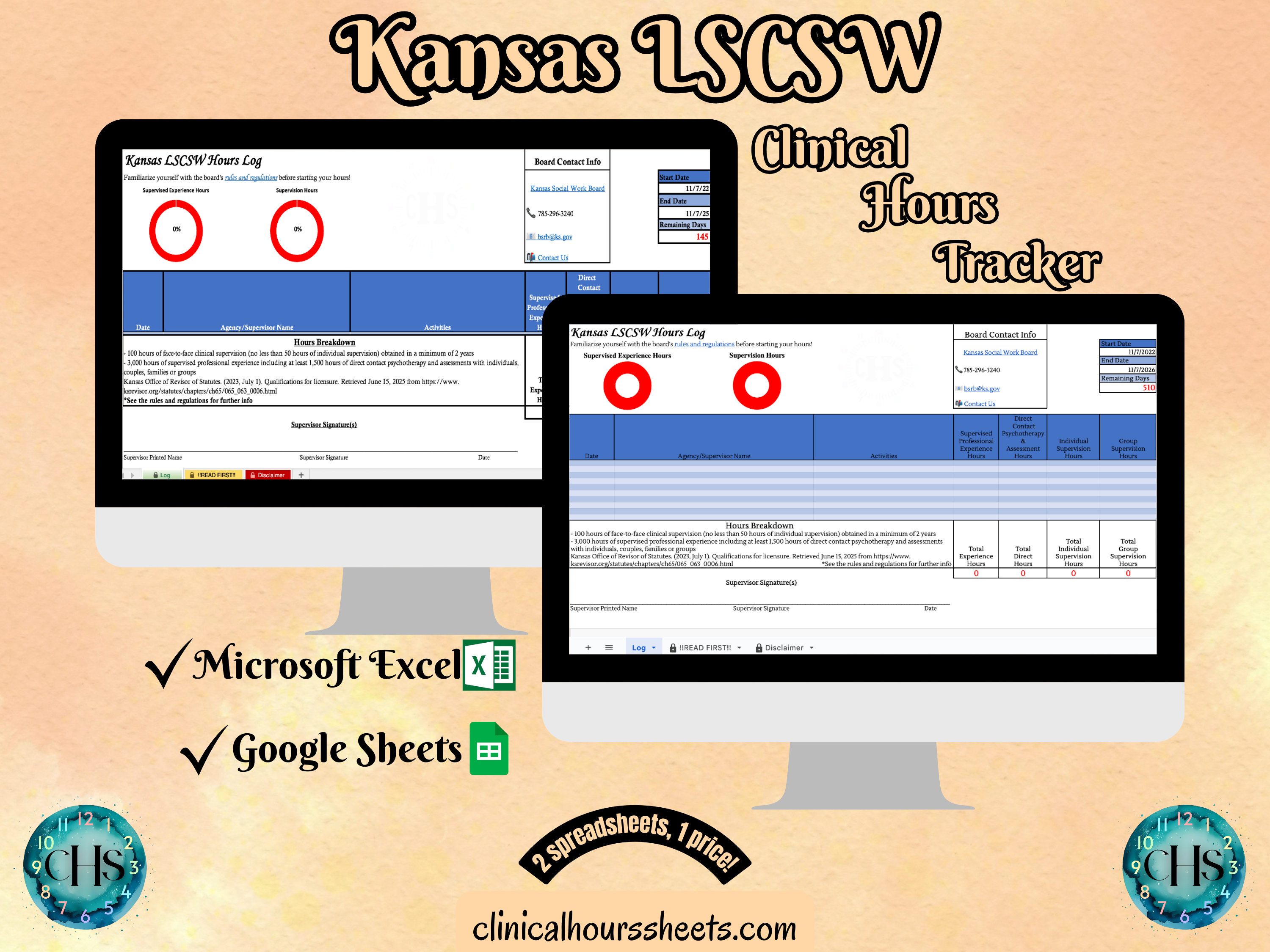 The image is a promotional graphic for a Kansas LSCSW Clinical Hours Tracker, which is a software program used to track the hours worked by healthcare professionals. The graphic features a laptop displaying the Kansas LSCSW Hours Log, along with a Microsoft Excel and a Google Sheets spreadsheet. The text on the image includes the words "Kansas LSCSW", "Clinical Hours Tracker", "Microsoft Excel" and "Google Sheets" to describe the software and its purpose.