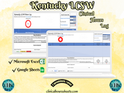 The image is a promotional graphic for a Kentucky LCSW Clinical Hours Log, which is a software program used to track the hours worked by healthcare professionals. The graphic features a laptop displaying the Kentucky LCSW Hours Log, along with a Microsoft Excel and a Google Sheets spreadsheet. The text on the image includes the words "Kentucky LCSW", "Clinical Hours Log", "Microsoft Excel" and "Google Sheets" to describe the software and its purpose.