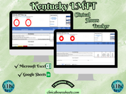 The image is a promotional graphic for a Kentucky LMFT Clinical Hours Tracker, which is a software program used to track the hours worked by healthcare professionals. The graphic features a laptop displaying the Kentucky LMFT Hours Log, along with a Microsoft Excel and a Google Sheets spreadsheet. The text on the image includes the words "Kentucky LMFT", "Clinical Hours Tracker", "Microsoft Excel" and "Google Sheets" to describe the software and its purpose.