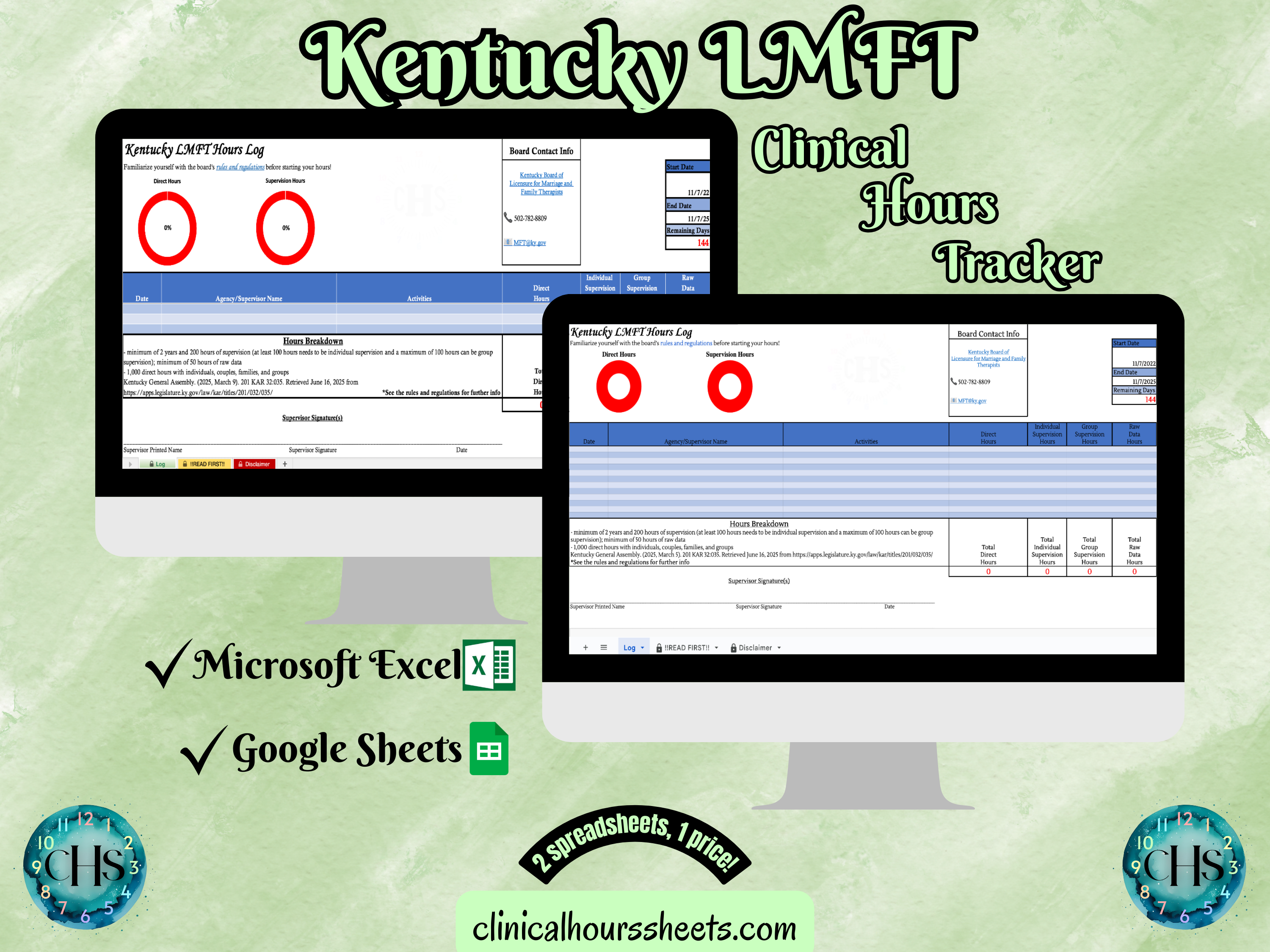 The image is a promotional graphic for a Kentucky LMFT Clinical Hours Tracker, which is a software program used to track the hours worked by healthcare professionals. The graphic features a laptop displaying the Kentucky LMFT Hours Log, along with a Microsoft Excel and a Google Sheets spreadsheet. The text on the image includes the words "Kentucky LMFT", "Clinical Hours Tracker", "Microsoft Excel" and "Google Sheets" to describe the software and its purpose.