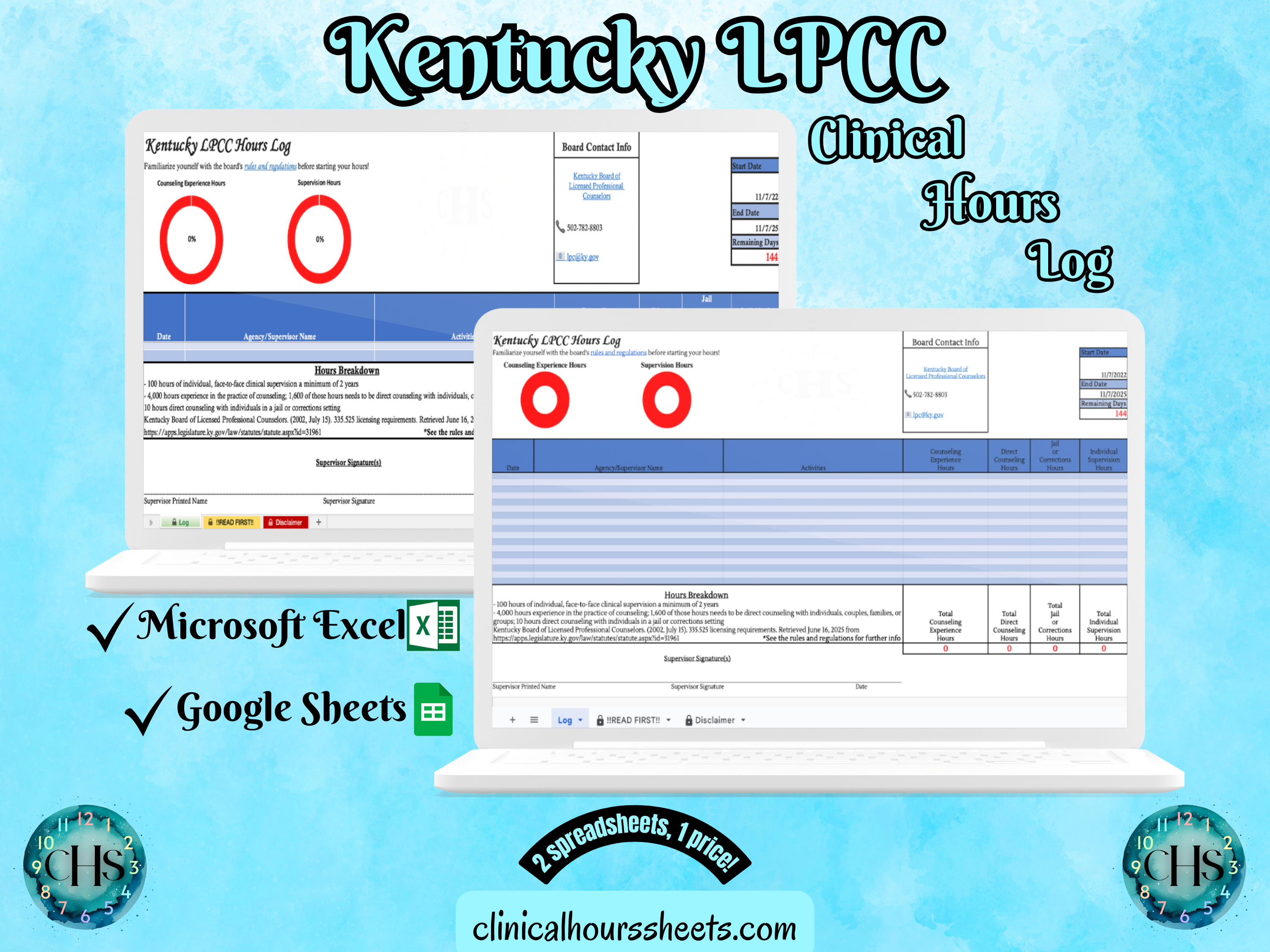 The image is a promotional graphic for a Kentucky LPCC Clinical Hours Log, which is a software program used to track the hours worked by healthcare professionals. The graphic features a laptop displaying the Kentucky LPCC Hours Log, along with a Microsoft Excel and a Google Sheets spreadsheet. The text on the image includes the words "Kentucky LPCC", "Clinical Hours Log", "Microsoft Excel" and "Google Sheets" to describe the software and its purpose.