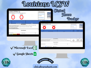 The image is a promotional graphic for a Louisiana LCSW Clinical Hours Tracker, which is a software program used to track the hours worked by healthcare professionals. The graphic features a laptop displaying the Lousiana LCSW Hours Log, along with a Microsoft Excel and a Google Sheets spreadsheet. The text on the image includes the words "Louisiana LCSW", "Clinical Hours Tracker", "Microsoft Excel" and "Google Sheets" to describe the software and its purpose.