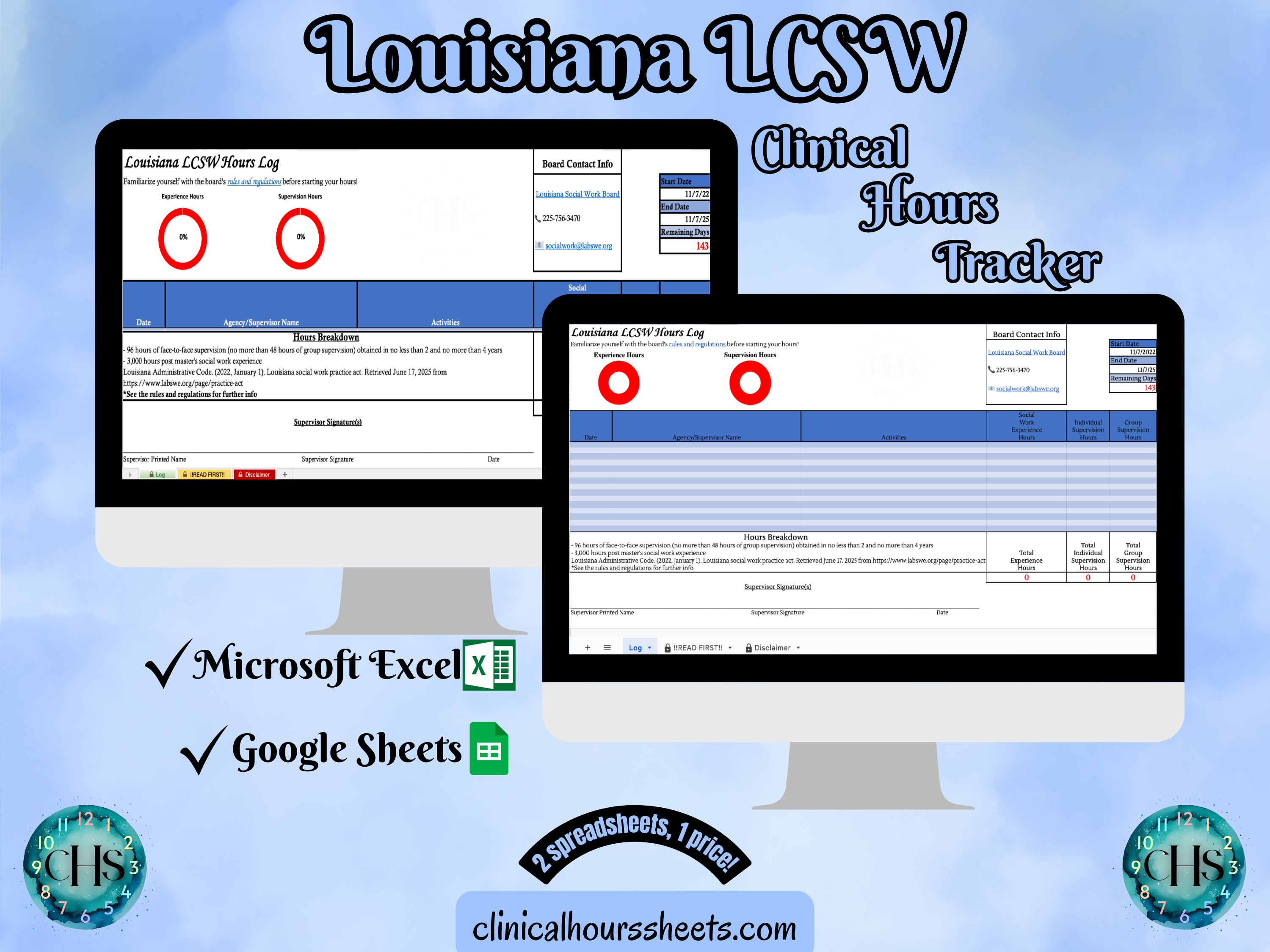 The image is a promotional graphic for a Louisiana LCSW Clinical Hours Tracker, which is a software program used to track the hours worked by healthcare professionals. The graphic features a laptop displaying the Lousiana LCSW Hours Log, along with a Microsoft Excel and a Google Sheets spreadsheet. The text on the image includes the words "Louisiana LCSW", "Clinical Hours Tracker", "Microsoft Excel" and "Google Sheets" to describe the software and its purpose.