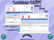 The image is a promotional graphic for a Louisiana LMFT Clinical Hours Log, which is a software program used to track the hours worked by healthcare professionals. The graphic features a laptop displaying the Louisiana LMFT Hours Log, along with a Microsoft Excel and a Google Sheets spreadsheet. The text on the image includes the words "Louisiana LMFT", "Clinical Hours Log", "Microsoft Excel" and "Google Sheets" to describe the software and its purpose.
