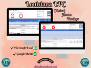 The image is a promotional graphic for a Louisiana LPC Clinical Hours Tracker, which is a software program used to track the hours worked by healthcare professionals. The graphic features a laptop displaying the Louisiana LPC Hours Log, along with a Microsoft Excel and a Google Sheets spreadsheet. The text on the image includes the words "Louisiana LPC", "Clinical Hours Tracker", "Microsoft Excel" and "Google Sheets" to describe the software and its purpose.