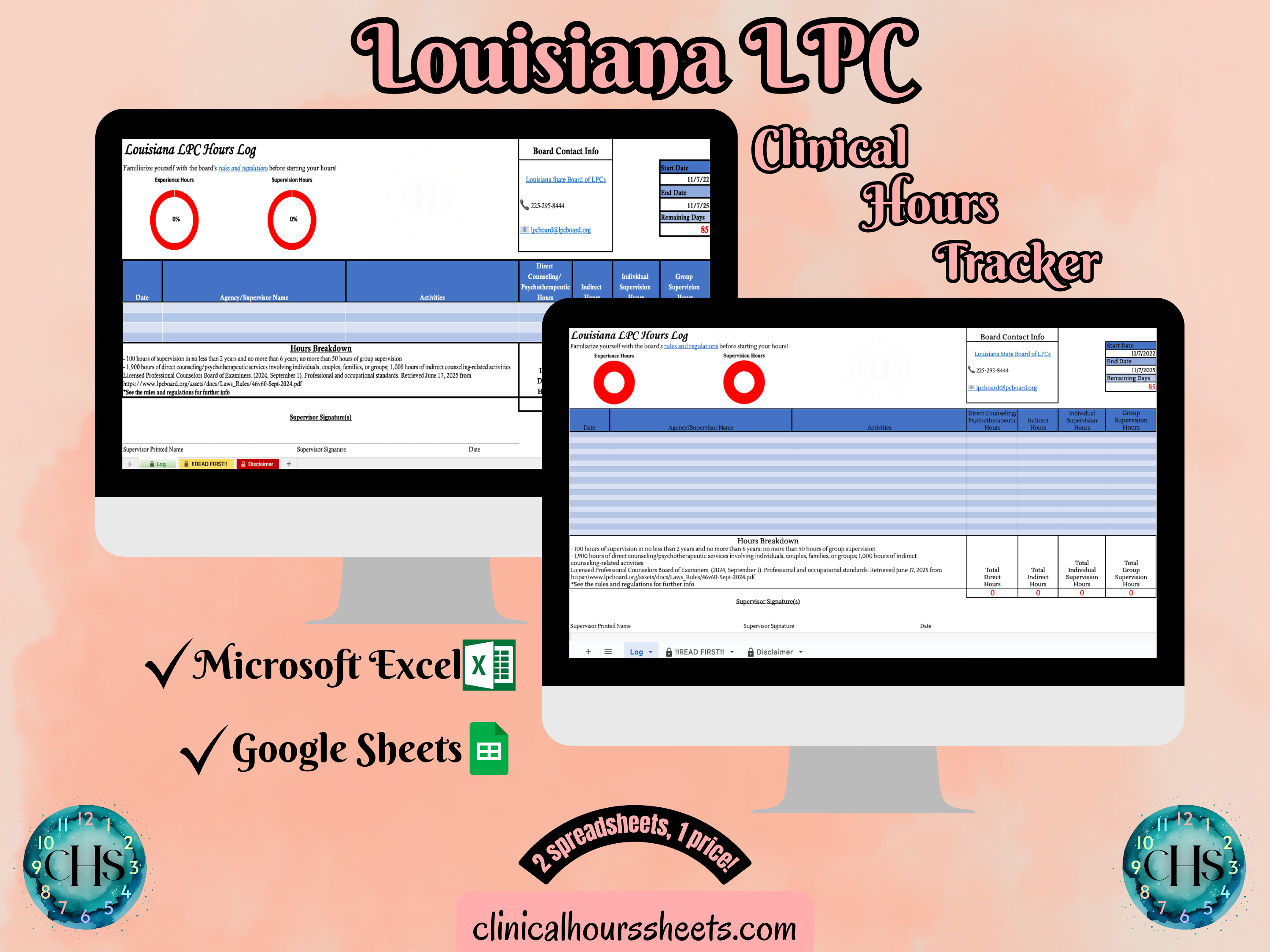 The image is a promotional graphic for a Louisiana LPC Clinical Hours Tracker, which is a software program used to track the hours worked by healthcare professionals. The graphic features a laptop displaying the Louisiana LPC Hours Log, along with a Microsoft Excel and a Google Sheets spreadsheet. The text on the image includes the words "Louisiana LPC", "Clinical Hours Tracker", "Microsoft Excel" and "Google Sheets" to describe the software and its purpose.
