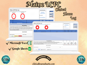 The image is a promotional graphic for a Maine LCPC Clinical Hours Log, which is a software program used to track the hours worked by healthcare professionals. The graphic features a laptop displaying the Maine LCPC Hours Log, along with a Microsoft Excel and a Google Sheets spreadsheet. The text on the image includes the words "Maine LCPC", "Clinical Hours Log", "Microsoft Excel" and "Google Sheets" to describe the software and its purpose.