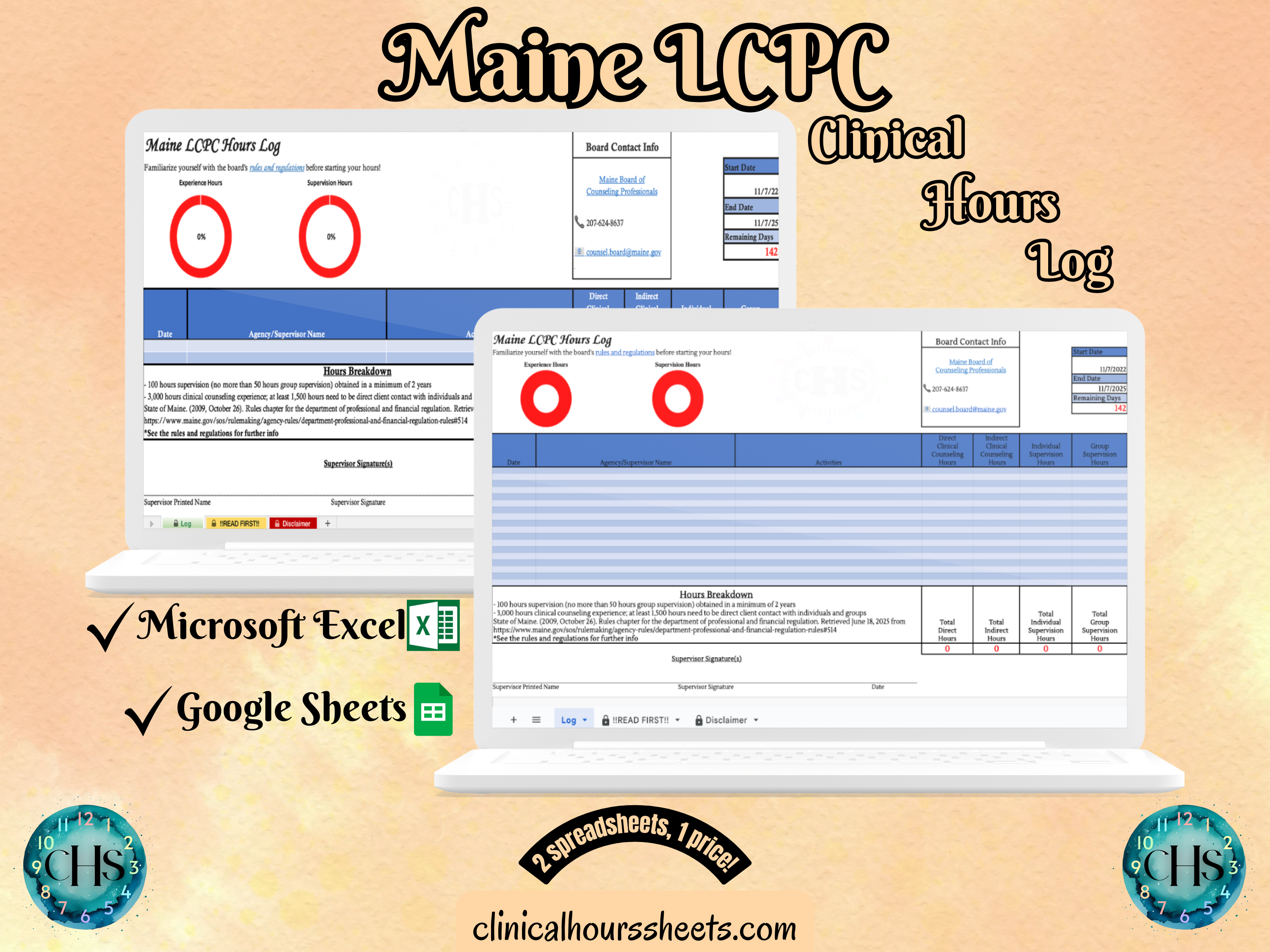 The image is a promotional graphic for a Maine LCPC Clinical Hours Log, which is a software program used to track the hours worked by healthcare professionals. The graphic features a laptop displaying the Maine LCPC Hours Log, along with a Microsoft Excel and a Google Sheets spreadsheet. The text on the image includes the words "Maine LCPC", "Clinical Hours Log", "Microsoft Excel" and "Google Sheets" to describe the software and its purpose.