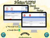 The image is a promotional graphic for a Maine LCSW Clinical Hours Tracker, which is a software program used to track the hours worked by healthcare professionals. The graphic features a laptop displaying the Maine LCSW Hours Log, along with a Microsoft Excel and a Google Sheets spreadsheet. The text on the image includes the words "Maine LCSW", "Clinical Hours Tracker", "Microsoft Excel" and "Google Sheets" to describe the software and its purpose.