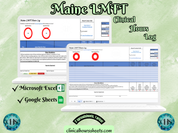 The image is a promotional graphic for a Maine LMFT Clinical Hours Log, which is a software program used to track the hours worked by healthcare professionals. The graphic features a laptop displaying the Maine LMFT Hours Log, along with a Microsoft Excel and a Google Sheets spreadsheet. The text on the image includes the words "Maine LMFT", "Clinical Hours Log", "Microsoft Excel" and "Google Sheets" to describe the software and its purpose.