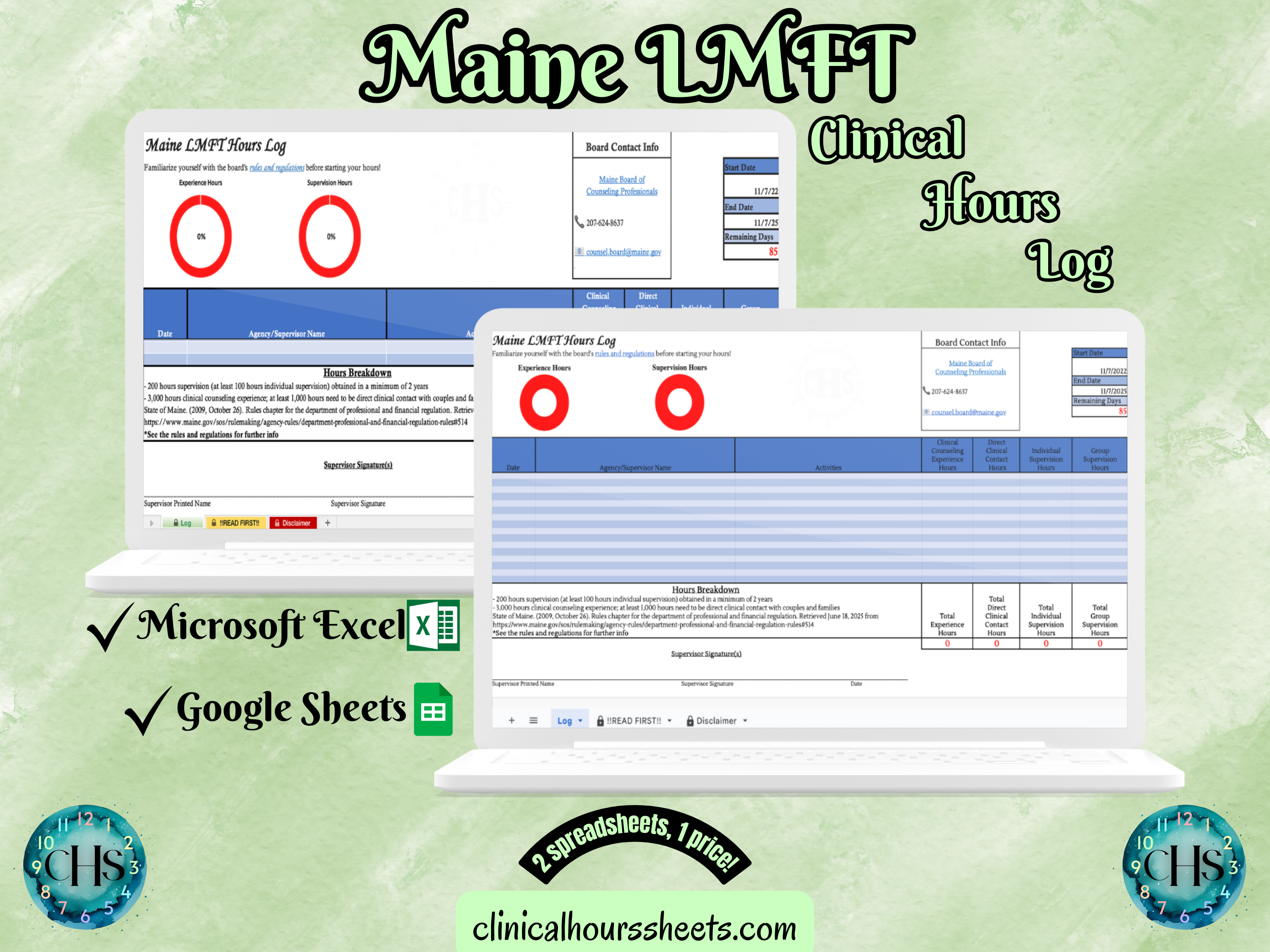 The image is a promotional graphic for a Maine LMFT Clinical Hours Log, which is a software program used to track the hours worked by healthcare professionals. The graphic features a laptop displaying the Maine LMFT Hours Log, along with a Microsoft Excel and a Google Sheets spreadsheet. The text on the image includes the words "Maine LMFT", "Clinical Hours Log", "Microsoft Excel" and "Google Sheets" to describe the software and its purpose.