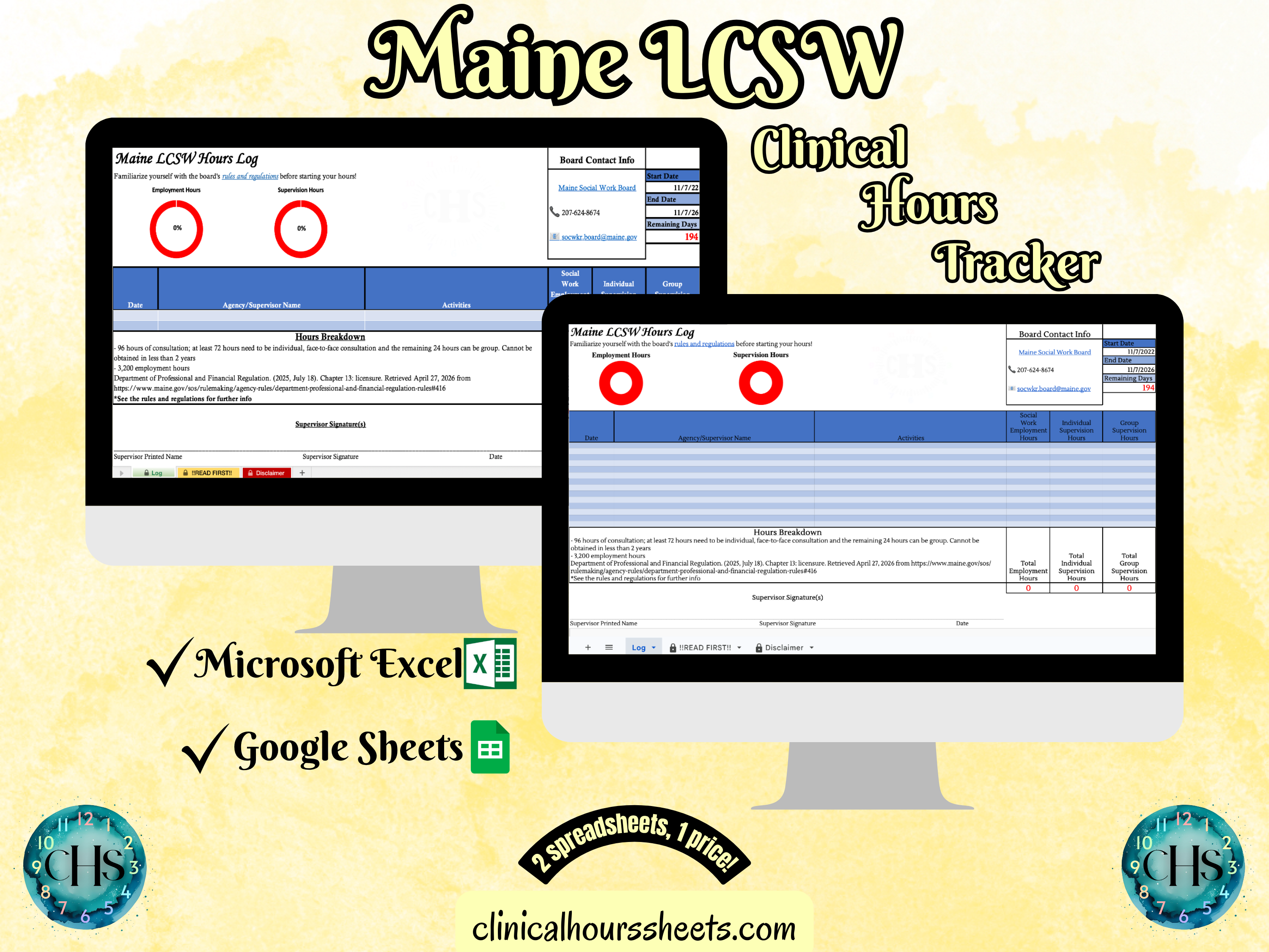 Maine, LCSW Hours Tracker, Clinical Supervision Form for Master Social Worker - MSW Student or MSW Graduation Gift