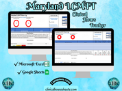 The image is a promotional graphic for a Maryland LCMFT Clinical Hours Tracker, which is a software program used to track the hours worked by healthcare professionals. The graphic features a laptop displaying the Maryland LCMFT Hours Log, along with a Microsoft Excel and a Google Sheets spreadsheet. The text on the image includes the words "Maryland LCMFT", "Clinical Hours Tracker", "Microsoft Excel" and "Google Sheets" to describe the software and its purpose.