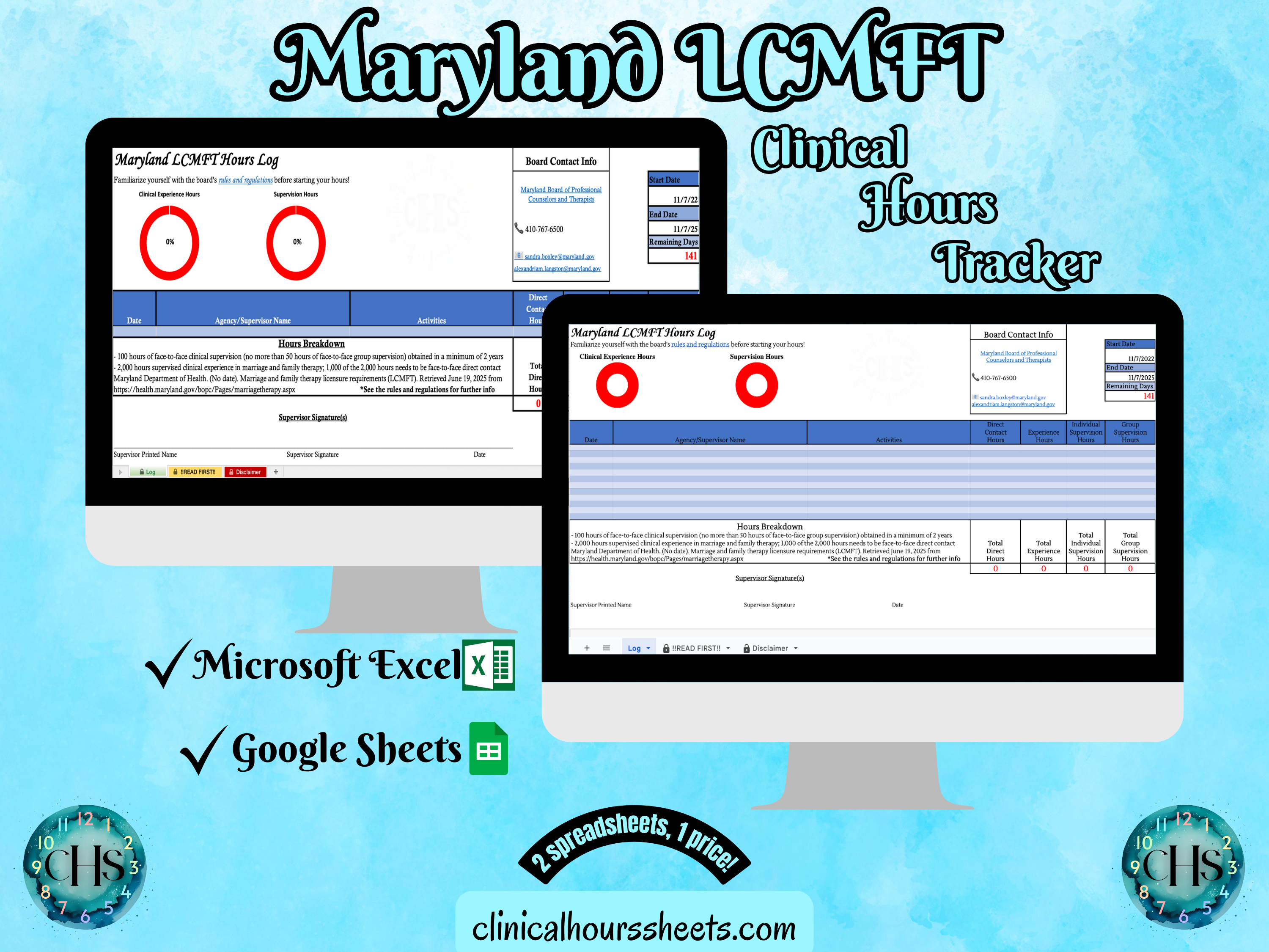 The image is a promotional graphic for a Maryland LCMFT Clinical Hours Tracker, which is a software program used to track the hours worked by healthcare professionals. The graphic features a laptop displaying the Maryland LCMFT Hours Log, along with a Microsoft Excel and a Google Sheets spreadsheet. The text on the image includes the words "Maryland LCMFT", "Clinical Hours Tracker", "Microsoft Excel" and "Google Sheets" to describe the software and its purpose.