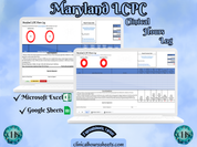 The image is a promotional graphic for a Maryland LCPC Clinical Hours Log, which is a software program used to track the hours worked by healthcare professionals. The graphic features a laptop displaying the Maryland LCPC Hours Log, along with a Microsoft Excel and a Google Sheets spreadsheet. The text on the image includes the words "Maryland LCPC", "Clinical Hours Log", "Microsoft Excel" and "Google Sheets" to describe the software and its purpose.