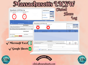 The image is a promotional graphic for a Massachusetts LICSW Clinical Hours Log, which is a software program used to track the hours worked by healthcare professionals. The graphic features a laptop displaying the Massachusetts LICSW Hours Log, along with a Microsoft Excel and a Google Sheets spreadsheet. The text on the image includes the words "Massachusetts LICSW", "Clinical Hours Log", "Microsoft Excel" and "Google Sheets" to describe the software and its purpose.
