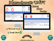 The image is a promotional graphic for a Massachusetts LMFT Clinical Hours Tracker, which is a software program used to track the hours worked by healthcare professionals. The graphic features a laptop displaying the Massachusetts LMFT Hours Log, along with a Microsoft Excel and a Google Sheets spreadsheet. The text on the image includes the words "Massachusetts LMFT", "Clinical Hours Tracker", "Microsoft Excel" and "Google Sheets" to describe the software and its purpose.