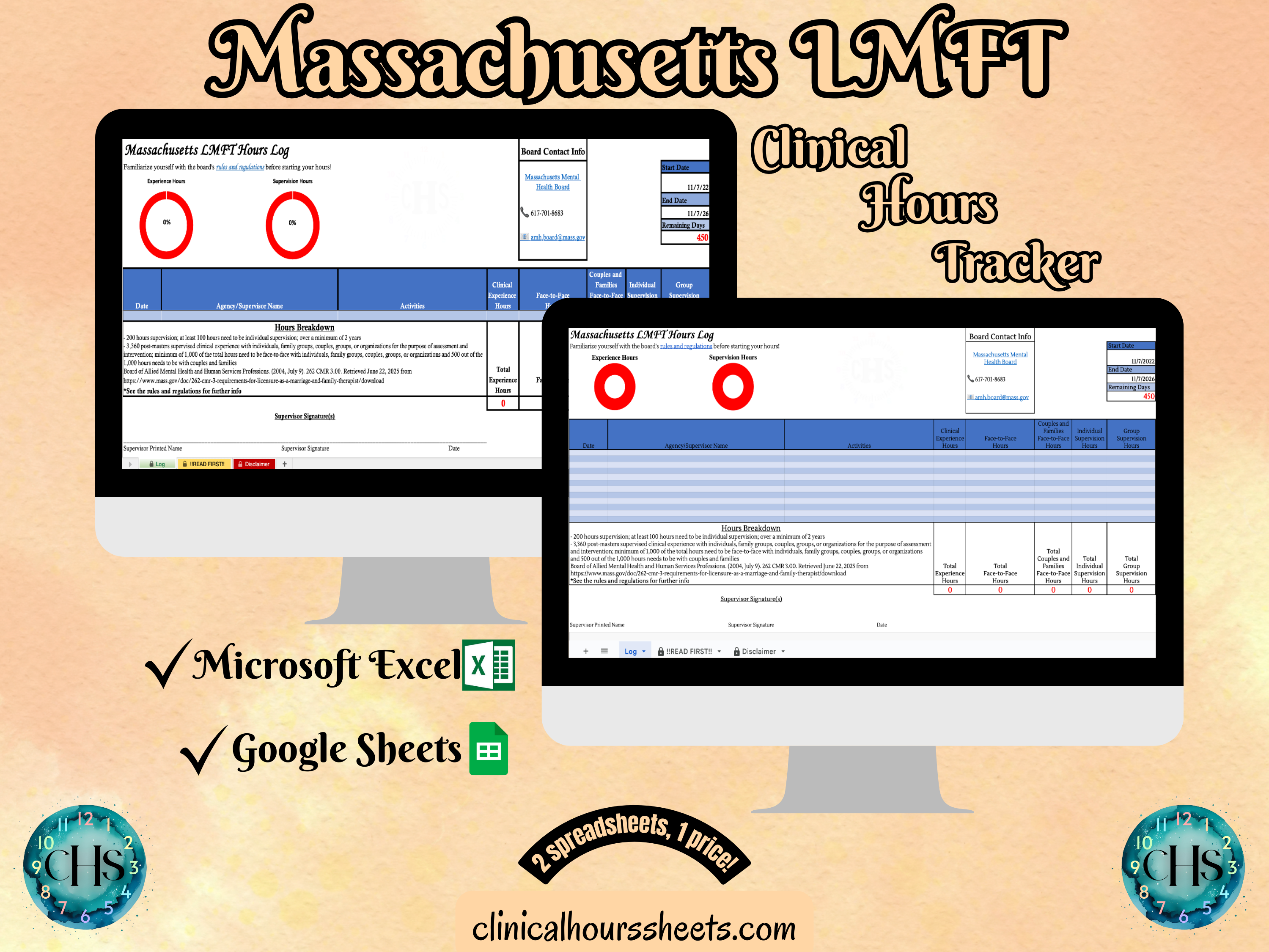 The image is a promotional graphic for a Massachusetts LMFT Clinical Hours Tracker, which is a software program used to track the hours worked by healthcare professionals. The graphic features a laptop displaying the Massachusetts LMFT Hours Log, along with a Microsoft Excel and a Google Sheets spreadsheet. The text on the image includes the words "Massachusetts LMFT", "Clinical Hours Tracker", "Microsoft Excel" and "Google Sheets" to describe the software and its purpose.