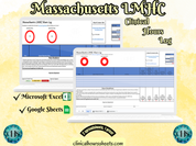 The image is a promotional graphic for a Massachusetts LMHC Clinical Hours Log, which is a software program used to track the hours worked by healthcare professionals. The graphic features a laptop displaying the Massachusetts LMHC Hours Log, along with a Microsoft Excel and a Google Sheets spreadsheet. The text on the image includes the words "Massachusetts LMHC", "Clinical Hours Log", "Microsoft Excel" and "Google Sheets" to describe the software and its purpose.
