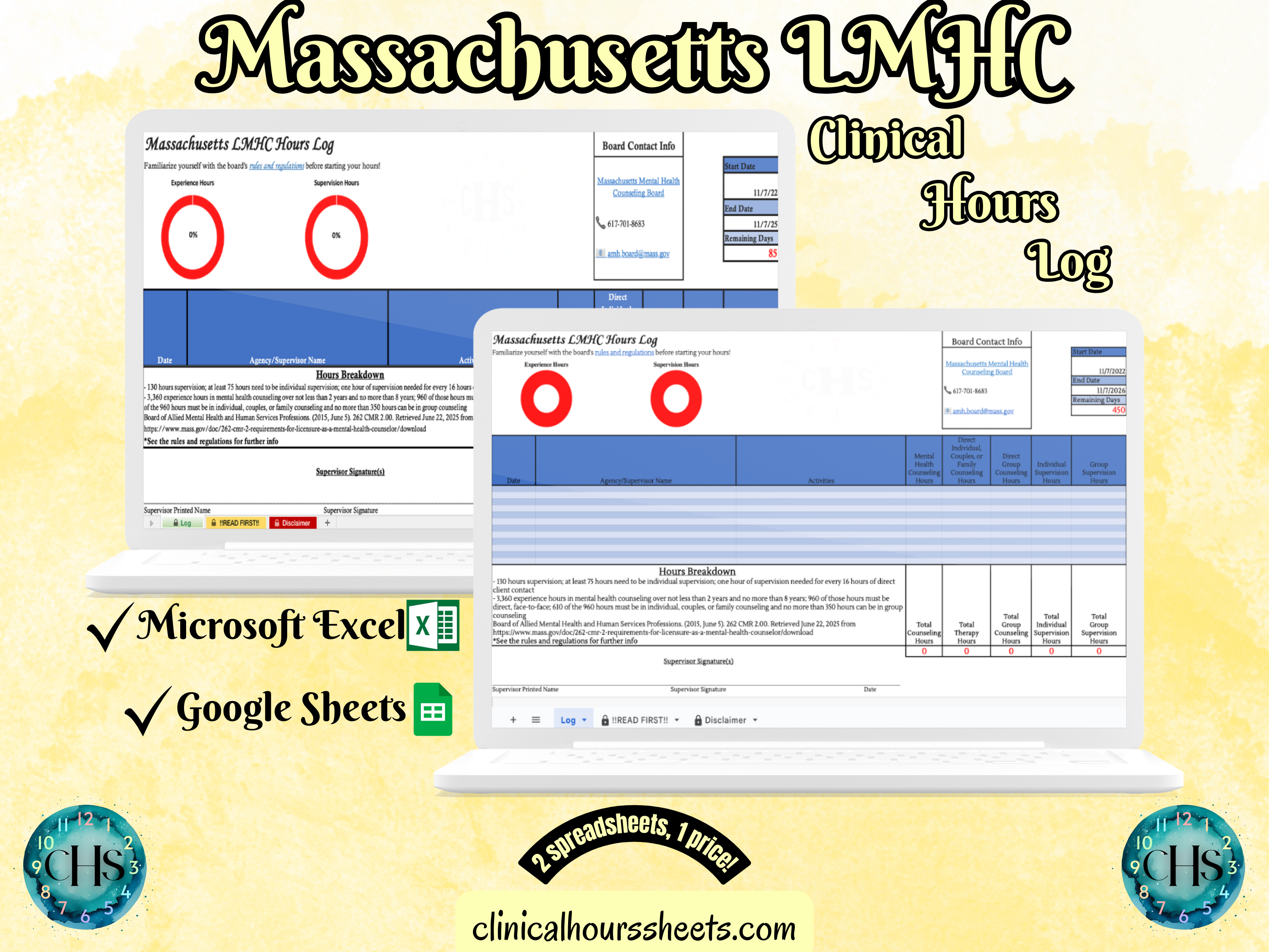 The image is a promotional graphic for a Massachusetts LMHC Clinical Hours Log, which is a software program used to track the hours worked by healthcare professionals. The graphic features a laptop displaying the Massachusetts LMHC Hours Log, along with a Microsoft Excel and a Google Sheets spreadsheet. The text on the image includes the words "Massachusetts LMHC", "Clinical Hours Log", "Microsoft Excel" and "Google Sheets" to describe the software and its purpose.