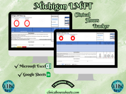 The image is a promotional graphic for a Michigan LMFT Clinical Hours Tracker, which is a software program used to track the hours worked by healthcare professionals. The graphic features a laptop displaying the Michigan LMFT Hours Log, along with a Microsoft Excel and a Google Sheets spreadsheet. The text on the image includes the words "Michigan LMFT", "Clinical Hours Tracker", "Microsoft Excel" and "Google Sheets" to describe the software and its purpose.