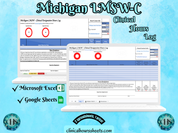 The image is a promotional graphic for a Michigan LMSW-C Clinical Hours Log, which is a software program used to track the hours worked by healthcare professionals. The graphic features a laptop displaying the Michigan LMSW-C Hours Log, along with a Microsoft Excel and a Google Sheets spreadsheet. The text on the image includes the words "Michigan LMSW-C", "Clinical Hours Log", "Microsoft Excel" and "Google Sheets" to describe the software and its purpose.