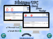 The image is a promotional graphic for a Michigan LPC Clinical Hours Tracker, which is a software program used to track the hours worked by healthcare professionals. The graphic features a laptop displaying the Michigan LPC Hours Log, along with a Microsoft Excel and a Google Sheets spreadsheet. The text on the image includes the words "Michigan LPC", "Clinical Hours Tracker", "Microsoft Excel" and "Google Sheets" to describe the software and its purpose.