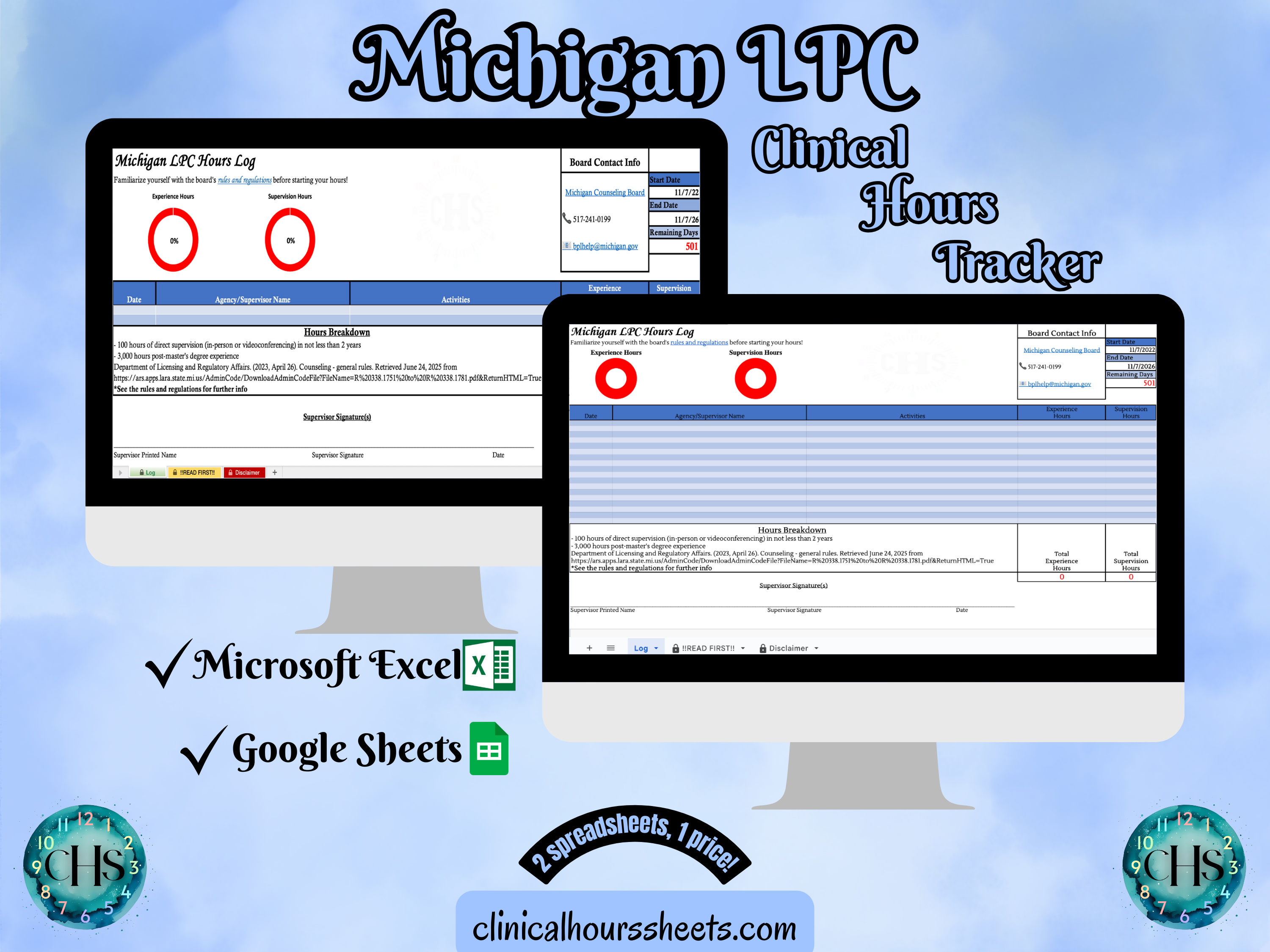The image is a promotional graphic for a Michigan LPC Clinical Hours Tracker, which is a software program used to track the hours worked by healthcare professionals. The graphic features a laptop displaying the Michigan LPC Hours Log, along with a Microsoft Excel and a Google Sheets spreadsheet. The text on the image includes the words "Michigan LPC", "Clinical Hours Tracker", "Microsoft Excel" and "Google Sheets" to describe the software and its purpose.