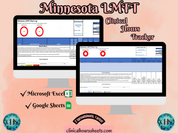 The image is a promotional graphic for a Minnesota LMFT Clinical Hours Tracker, which is a software program used to track the hours worked by healthcare professionals. The graphic features a laptop displaying the Minnesota LMFT Hours Log, along with a Microsoft Excel and a Google Sheets spreadsheet. The text on the image includes the words "Minnesota LMFT", "Clinical Hours Tracker", "Microsoft Excel" and "Google Sheets" to describe the software and its purpose.