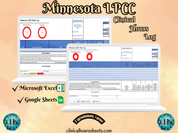 The image is a promotional graphic for a Minnesota LPCC Clinical Hours Log, which is a software program used to track the hours worked by healthcare professionals. The graphic features a laptop displaying the Minnesota LPCC Hours Log, along with a Microsoft Excel and a Google Sheets spreadsheet. The text on the image includes the words "Minnesota LPCC", "Clinical Hours Log", "Microsoft Excel" and "Google Sheets" to describe the software and its purpose.