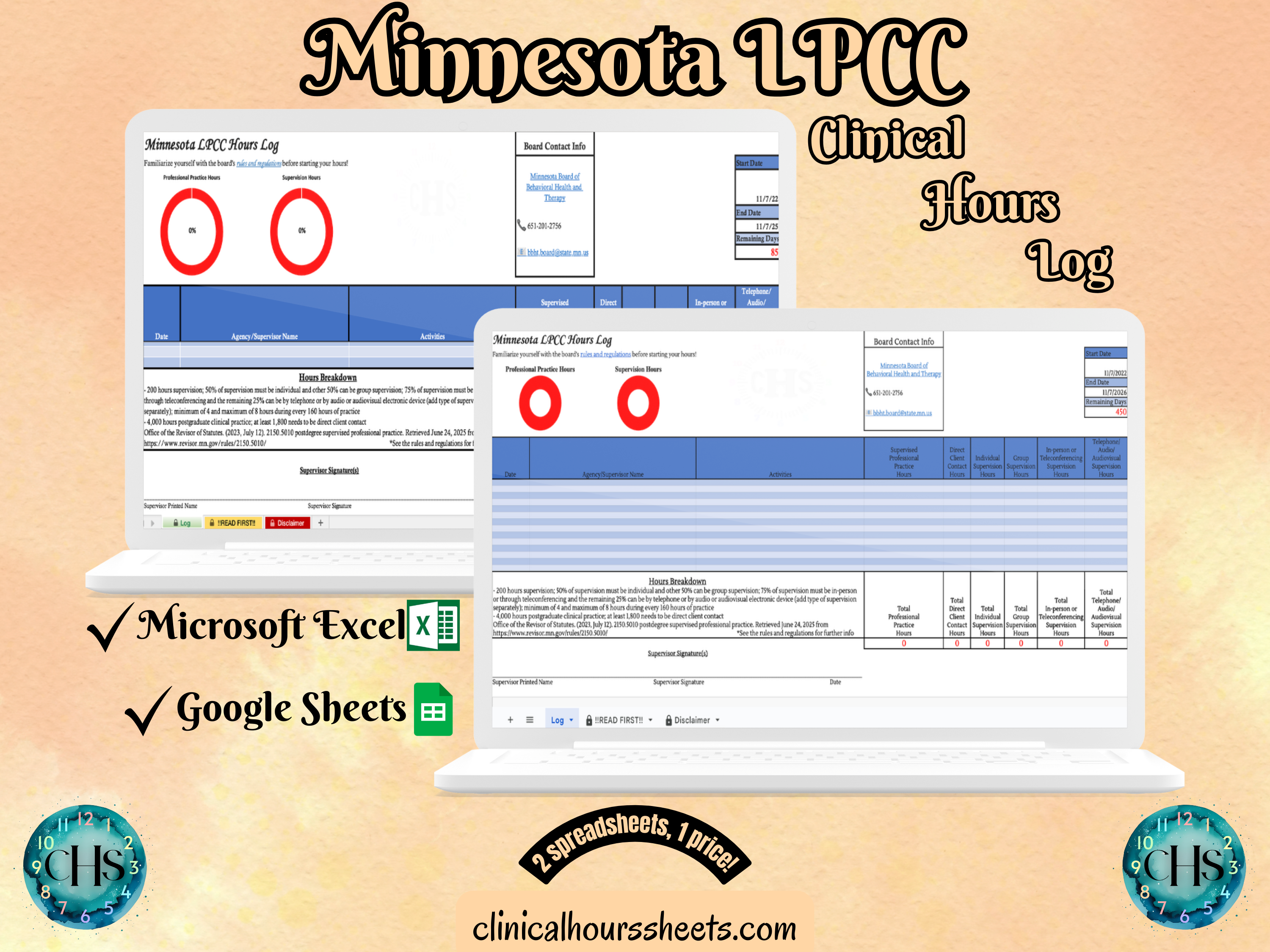The image is a promotional graphic for a Minnesota LPCC Clinical Hours Log, which is a software program used to track the hours worked by healthcare professionals. The graphic features a laptop displaying the Minnesota LPCC Hours Log, along with a Microsoft Excel and a Google Sheets spreadsheet. The text on the image includes the words "Minnesota LPCC", "Clinical Hours Log", "Microsoft Excel" and "Google Sheets" to describe the software and its purpose.