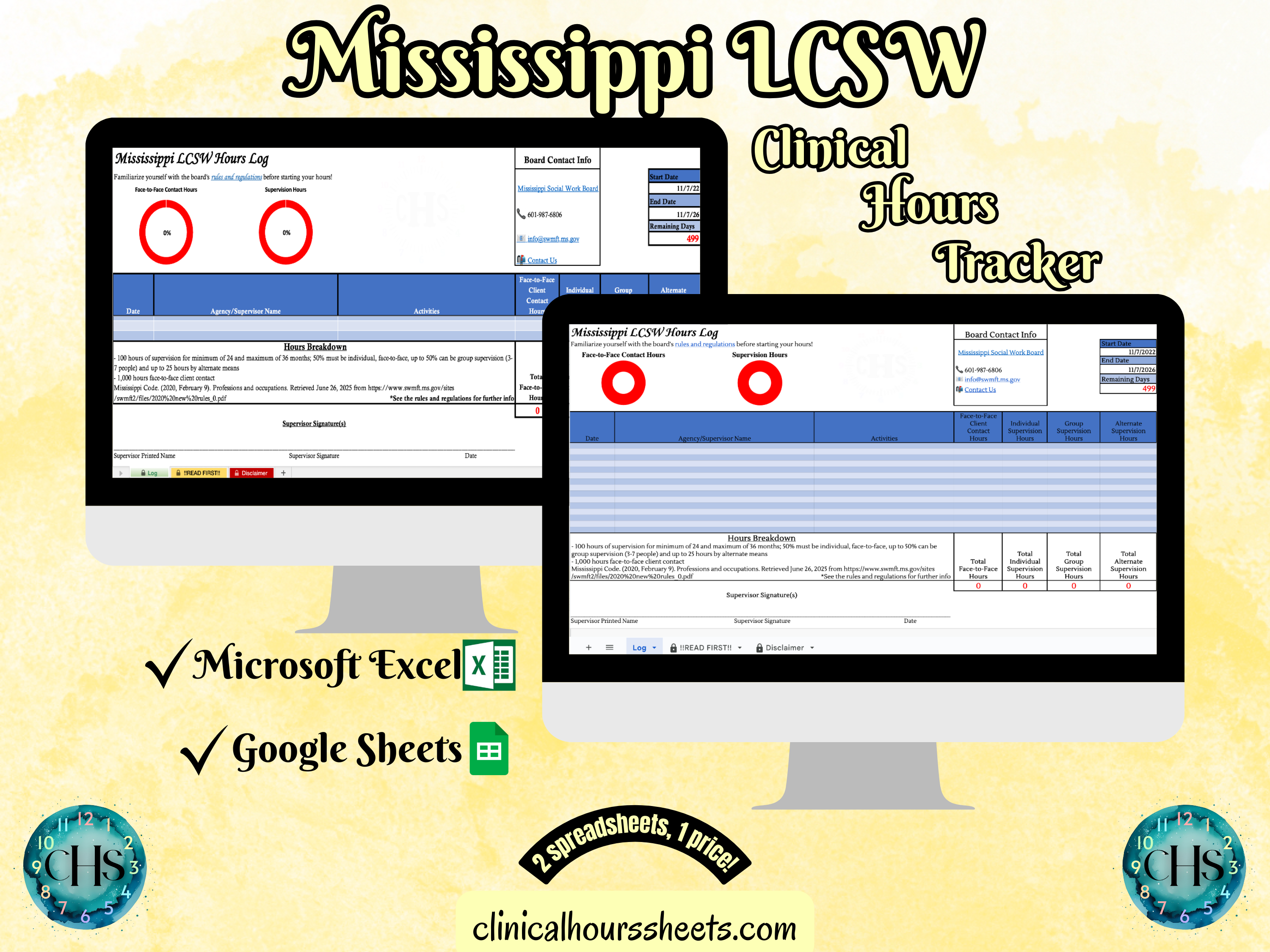 The image is a promotional graphic for a Mississippi LCSW Clinical Hours Tracker, which is a software program used to track the hours worked by healthcare professionals. The graphic features a laptop displaying the Mississippi LCSW Hours Log, along with a Microsoft Excel and a Google Sheets spreadsheet. The text on the image includes the words "Mississippi LCSW", "Clinical Hours Tracker", "Microsoft Excel" and "Google Sheets" to describe the software and its purpose.