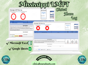 The image is a promotional graphic for a Mississippi LMFT Clinical Hours Log, which is a software program used to track the hours worked by healthcare professionals. The graphic features a laptop displaying the Mississippi LMFT Hours Log, along with a Microsoft Excel and a Google Sheets spreadsheet. The text on the image includes the words "Mississippi LMFT", "Clinical Hours Log", "Microsoft Excel" and "Google Sheets" to describe the software and its purpose.