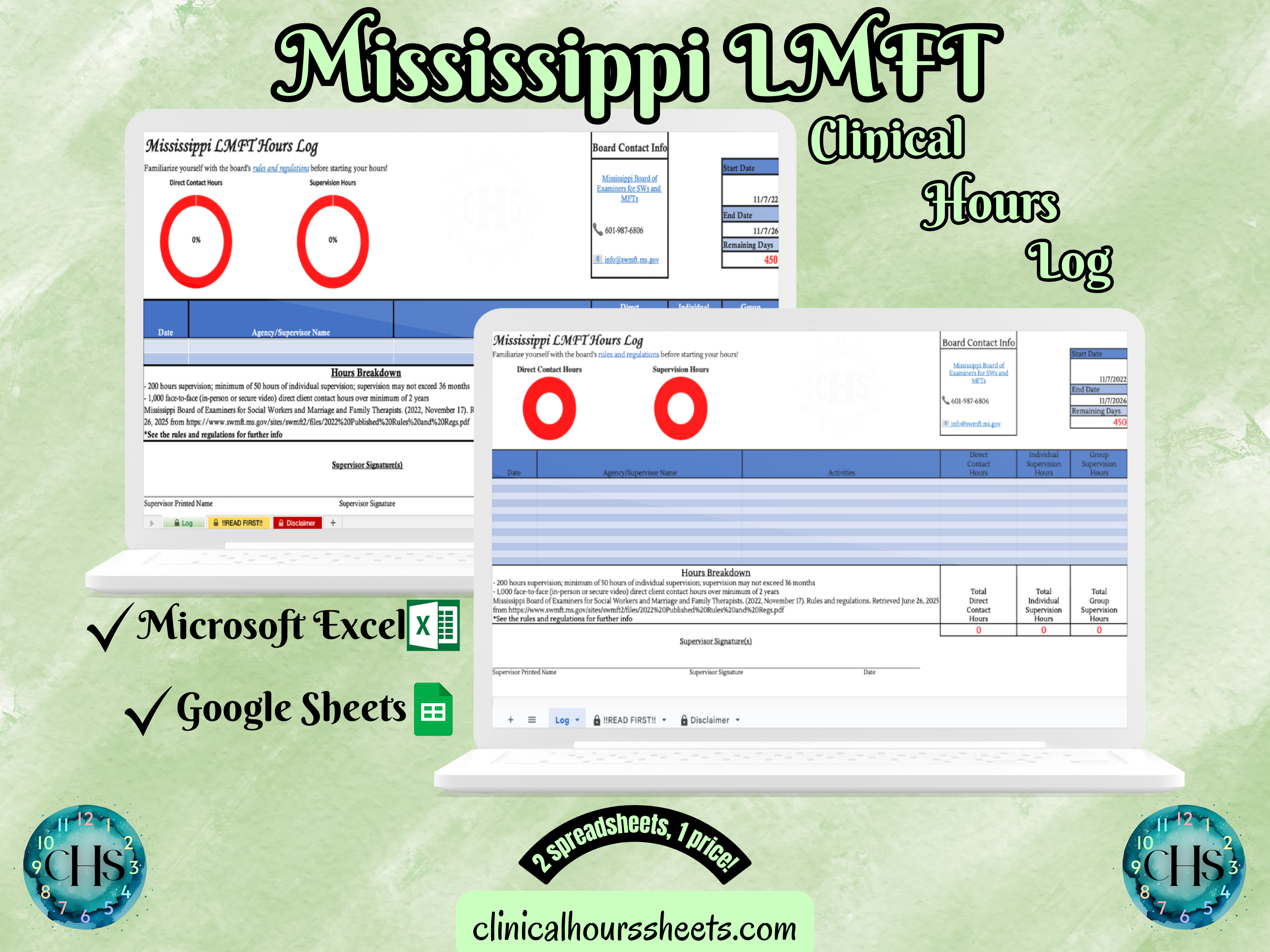 The image is a promotional graphic for a Mississippi LMFT Clinical Hours Log, which is a software program used to track the hours worked by healthcare professionals. The graphic features a laptop displaying the Mississippi LMFT Hours Log, along with a Microsoft Excel and a Google Sheets spreadsheet. The text on the image includes the words "Mississippi LMFT", "Clinical Hours Log", "Microsoft Excel" and "Google Sheets" to describe the software and its purpose.